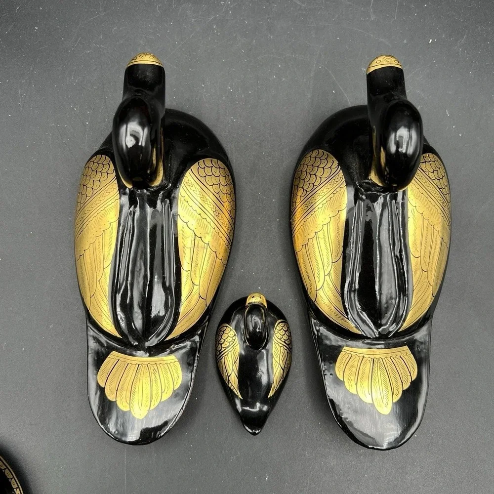 Vintage Black And Gold Gilded Lacquered Duck Wood Trinket Box Set Family Of 3